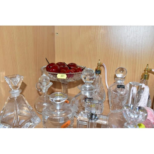 351 - A COLLECTION OF STUART CRYSTAL AND OTHER PERFUME BOTTLES AND ATOMISERS, ETC, including a comport con... 