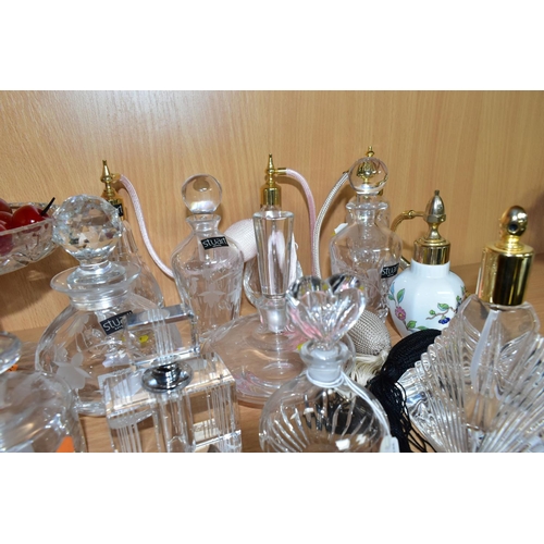 351 - A COLLECTION OF STUART CRYSTAL AND OTHER PERFUME BOTTLES AND ATOMISERS, ETC, including a comport con... 