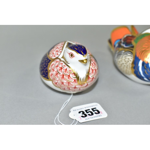 355 - THREE ROYAL CROWN DERBY PAPERWEIGHTS, comprising Quail, gold stopper, Mandarin Duck, silver stopper ... 