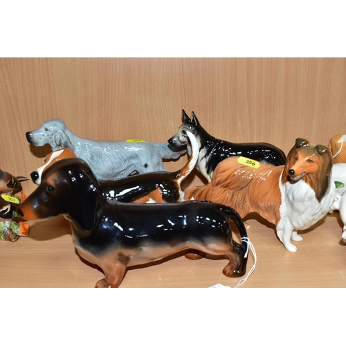 356 - FIVE BESWICK DOGS, all gloss, comprising Basset Hound Fochno Trinket, no. 2045A, Dachshund - standin... 