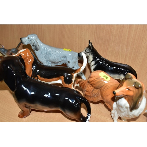 356 - FIVE BESWICK DOGS, all gloss, comprising Basset Hound Fochno Trinket, no. 2045A, Dachshund - standin... 