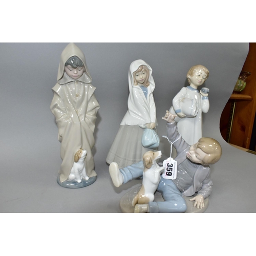 359 - FOUR NAO FIGURES OF CHILDREN, comprising a boy with pillow and alarm clock (glued repair to the neck... 