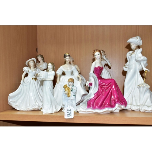 370 - NINE ROYAL DOULTON AND WORCESTER LADY AND CHILD FIGURES, the Royal Doulton comprising 'Sleepyhead' H... 