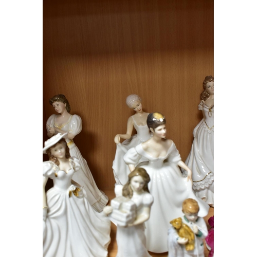 370 - NINE ROYAL DOULTON AND WORCESTER LADY AND CHILD FIGURES, the Royal Doulton comprising 'Sleepyhead' H... 