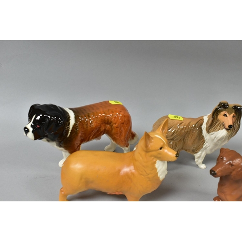 371 - FIVE BESWICK DOG FIGURES, comprising Dachshund -standing, no.3013, tan matt, Alsatian 'Ulrica of Bri... 