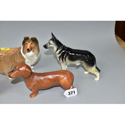 371 - FIVE BESWICK DOG FIGURES, comprising Dachshund -standing, no.3013, tan matt, Alsatian 'Ulrica of Bri... 