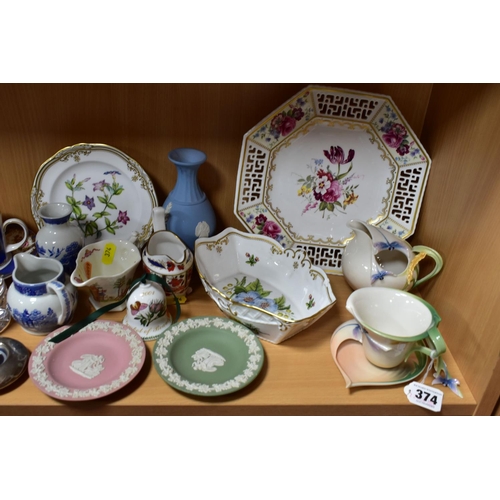 374 - A GROUP OF FRANZ, WEDGWOOD JASPERWARE, ROYAL WORCESTER JUGS, SPODE, ETC, including a Spode hexagonal... 