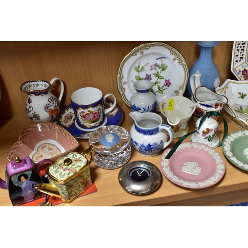 374 - A GROUP OF FRANZ, WEDGWOOD JASPERWARE, ROYAL WORCESTER JUGS, SPODE, ETC, including a Spode hexagonal... 