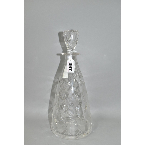 397 - A CLYNE FARQUHARSON FOR JOHN WALSH CUT GLASS DECANTER, of conical form, in Leaf pattern, signed to b... 