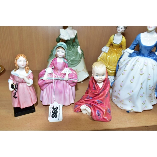 398 - SIX ROYAL DOULTON FIGURINES, comprising Alison HN2336, Coralie HN2307, Bo-Peep HN1811 (broken and re... 