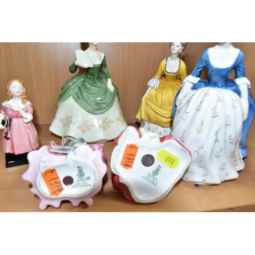 398 - SIX ROYAL DOULTON FIGURINES, comprising Alison HN2336, Coralie HN2307, Bo-Peep HN1811 (broken and re... 