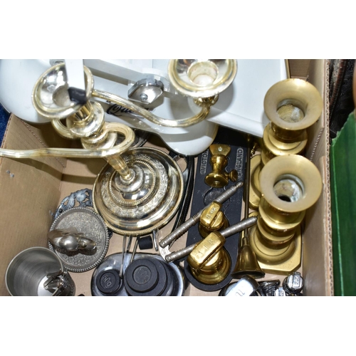 406 - TWO BOXES AND LOOSE METALWARES, TREEN AND SUNDRY ITEMS, to include two small sets of drawers for jew... 