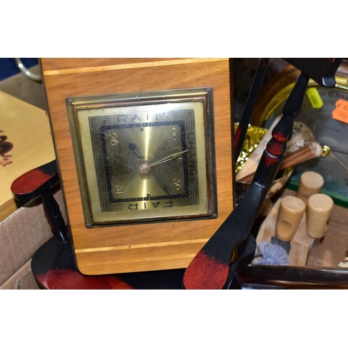 406 - TWO BOXES AND LOOSE METALWARES, TREEN AND SUNDRY ITEMS, to include two small sets of drawers for jew... 