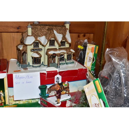 412 - BOXED LEMAX CHRISTMAS VILLAGE ITEMS, to include five buildings - two houses, a school, an inn and a ... 