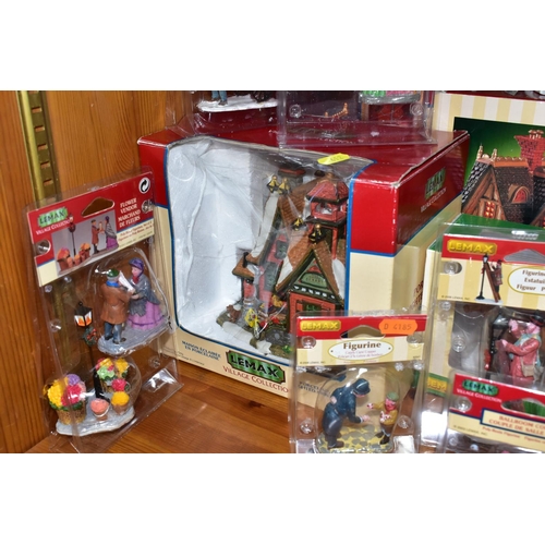 412 - BOXED LEMAX CHRISTMAS VILLAGE ITEMS, to include five buildings - two houses, a school, an inn and a ... 