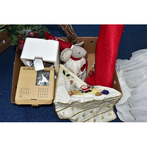 415 - THREE BOXES AND LOOSE CHRISTMAS DECORATIONS, PICTURES, WEDDING DRESS, SEWING MACHINE AND SUNDRY ITEM... 