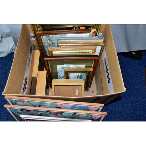 416 - THREE BOXES AND LOOSE PICTURES, TOYS AND SUNDRY ITEMS, to include approximately twenty framed prints... 