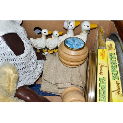 416 - THREE BOXES AND LOOSE PICTURES, TOYS AND SUNDRY ITEMS, to include approximately twenty framed prints... 