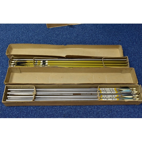 420 - THREE BOXES OF ARCHERY ARROWS, a boxed set of eight metal 'Regency Mark II' arrows, a box containing... 