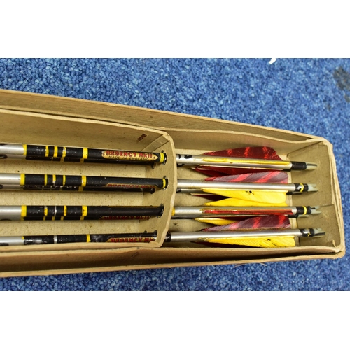 420 - THREE BOXES OF ARCHERY ARROWS, a boxed set of eight metal 'Regency Mark II' arrows, a box containing... 