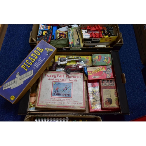 423 - VINTAGE TOYS, three boxes containing a collection of toys and games to include Bayko, a Picador Flyi... 