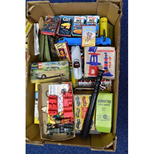 423 - VINTAGE TOYS, three boxes containing a collection of toys and games to include Bayko, a Picador Flyi... 