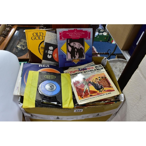 433 - A BOX OF VINYL SINGLES, approximately one hundred and fifty records, plain sleeves and some picture ... 