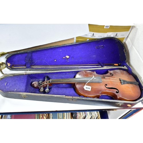 434 - A TWENTIETH CENTURY CASED VIOLIN, with one-piece back, wooden case and bow (1) (Condition report: fa... 