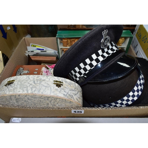 435 - A BOX OF POLICE OFFICER'S HATS, AND SUNDRY ITEMS, to include a Sussex Police cap, interior label 'We... 