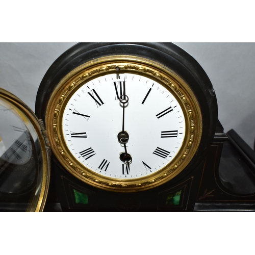 436 - A VICTORIAN BLACK SLATE AND MALACHITE INLAID MANTEL CLOCK the dome top case with incised gilt foliat... 