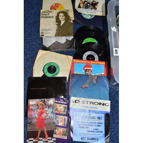 441 - A BOX OF VINYL SINGLES, over two hundred and fifty records, plain and picture sleeves, a few have la... 