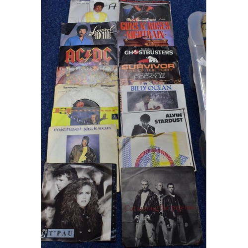 441 - A BOX OF VINYL SINGLES, over two hundred and fifty records, plain and picture sleeves, a few have la... 