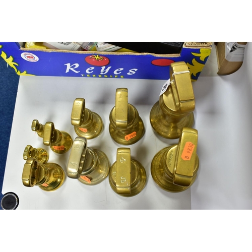 443 - TEN BRASS BELL WEIGHTS, from different sets, comprising 7lb (x2), 4lb (x3), 2lb (x2), 1lb, 8oz and 4... 