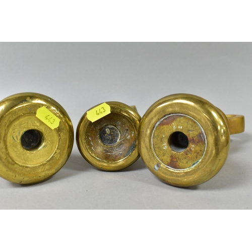 443 - TEN BRASS BELL WEIGHTS, from different sets, comprising 7lb (x2), 4lb (x3), 2lb (x2), 1lb, 8oz and 4... 