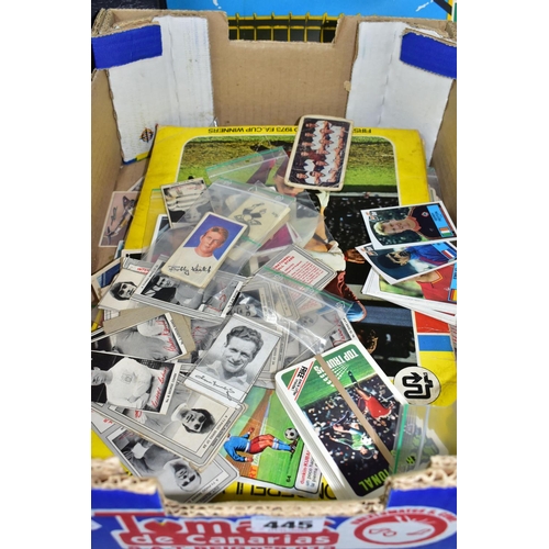 445 - A BOX OF CIGARETTE AND TRADING CARDS, mostly football related, two partially filled 1970s football s... 