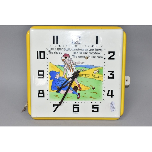 447 - FIVE CLOCKS, comprising a square Art Deco Little Boy Blue wall clock with ceramic dial marked 'Forei... 