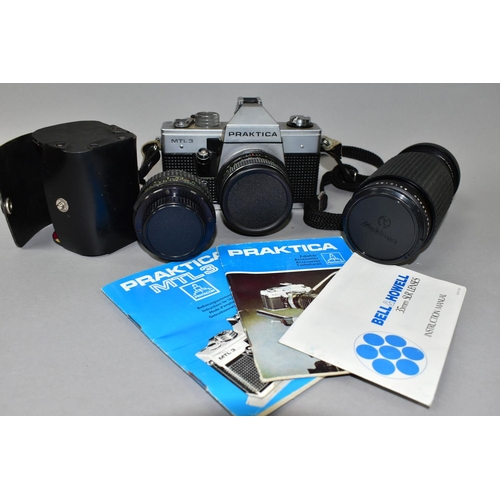 449 - A GROUP OF CAMERAS AND PHOTOGRAPHIC EQUIPMENT, to include a Praktica MTL3 camera with f1.8 50mm lens... 