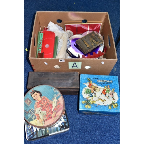 451 - THREE BOXES OF ADVERTISING TINS, PACKAGING, METALWARES AND OTHER VINTAGE COLLECTABLES, to include a ... 