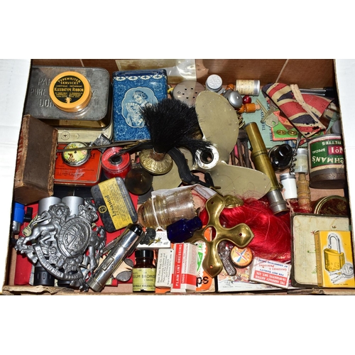 451 - THREE BOXES OF ADVERTISING TINS, PACKAGING, METALWARES AND OTHER VINTAGE COLLECTABLES, to include a ... 