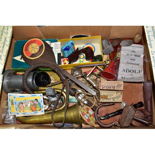 451 - THREE BOXES OF ADVERTISING TINS, PACKAGING, METALWARES AND OTHER VINTAGE COLLECTABLES, to include a ... 