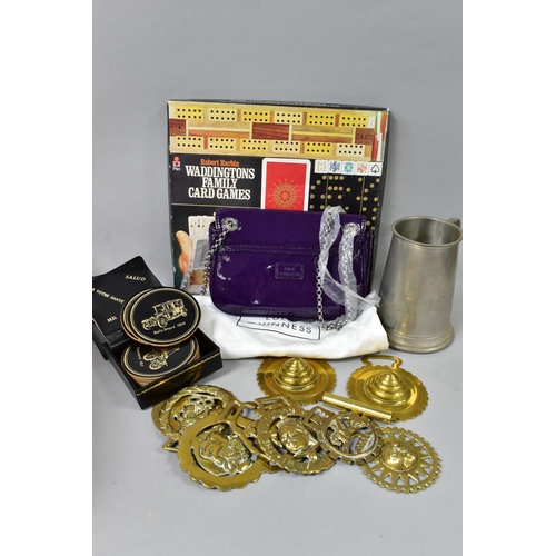 457 - A BOX OF METALWARES, A LULU GUINNESS HANDBAG, AND SUNDRY ITEMS, to include a small purple patent lea... 