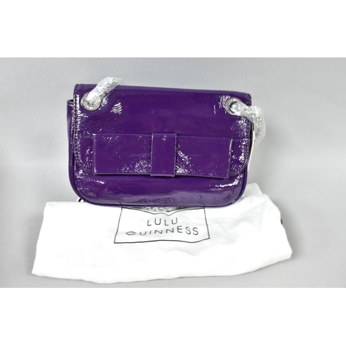 457 - A BOX OF METALWARES, A LULU GUINNESS HANDBAG, AND SUNDRY ITEMS, to include a small purple patent lea... 