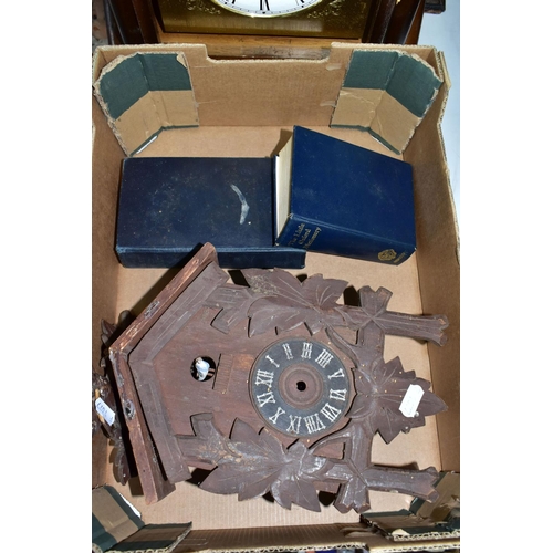 458 - A BOX AND LOOSE CLOCKS, CLOCK PARTS AND CASES, to include two cases for wall clocks, three clocks re... 