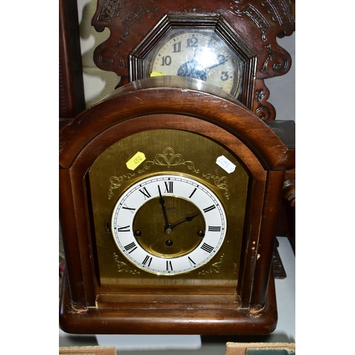 458 - A BOX AND LOOSE CLOCKS, CLOCK PARTS AND CASES, to include two cases for wall clocks, three clocks re... 