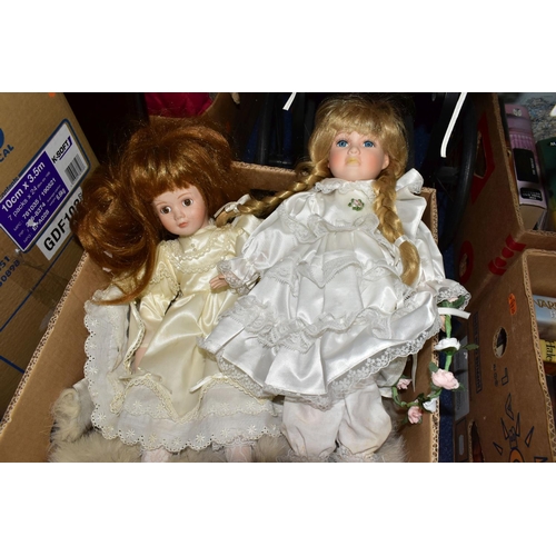 460 - A BOX AND LOOSE DOLLS, DOLLS PRAM, AND VINTAGE CLOTHING, to include four collector's dolls by Albero... 