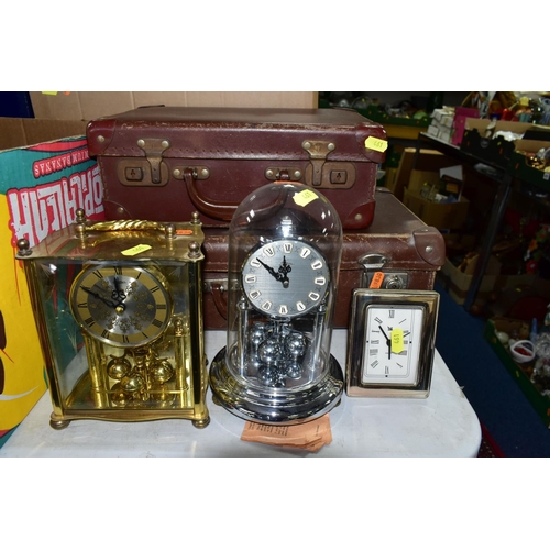 461 - THREE BOXES OF MISCELLANEOUS ITEMS, to include two small brown vintage suitcases, a 1960s guitar, th... 