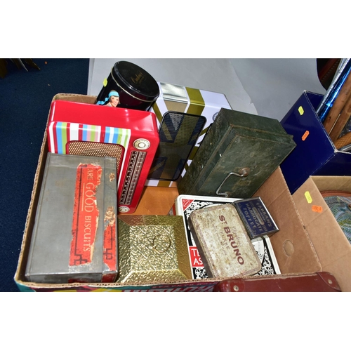 461 - THREE BOXES OF MISCELLANEOUS ITEMS, to include two small brown vintage suitcases, a 1960s guitar, th... 