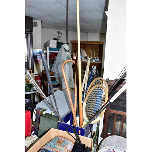 461 - THREE BOXES OF MISCELLANEOUS ITEMS, to include two small brown vintage suitcases, a 1960s guitar, th... 