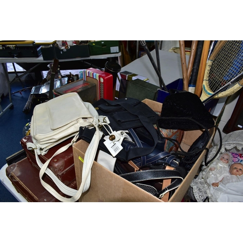 461 - THREE BOXES OF MISCELLANEOUS ITEMS, to include two small brown vintage suitcases, a 1960s guitar, th... 