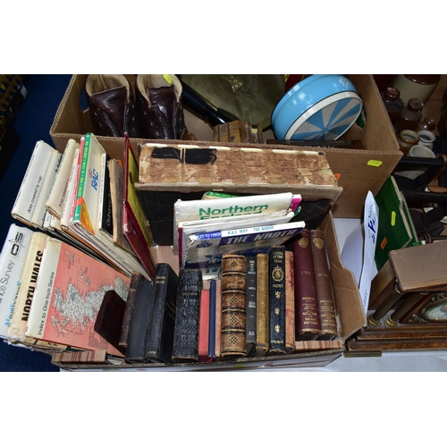 462 - THREE BOXES OF METALWARE, BOOKS AND CAST FLAT IRONS, to include late 19th Century Bibles and prayer ... 